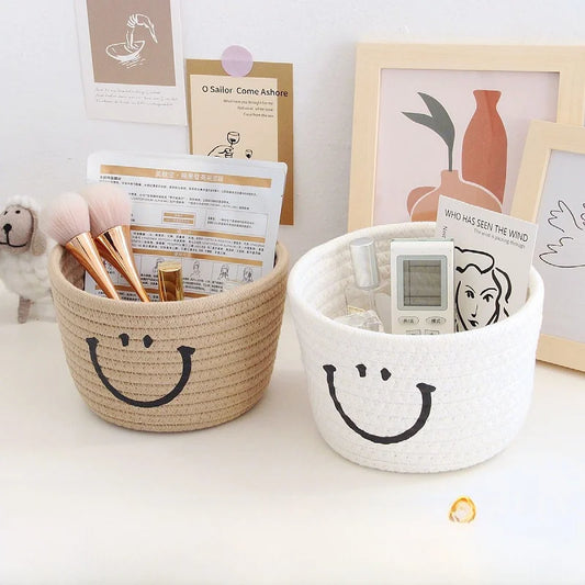 Smiley Face Desktop Storage Box Fabric Foldable Organizer for Remotes Stationery Mobiles Cosmetics Medicine Miscellaneous Items Peaceful Pleasures Health and Wellness