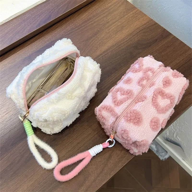 Plush Makeup Bag with Handle | Love Print Travel Cosmetic Pouch
