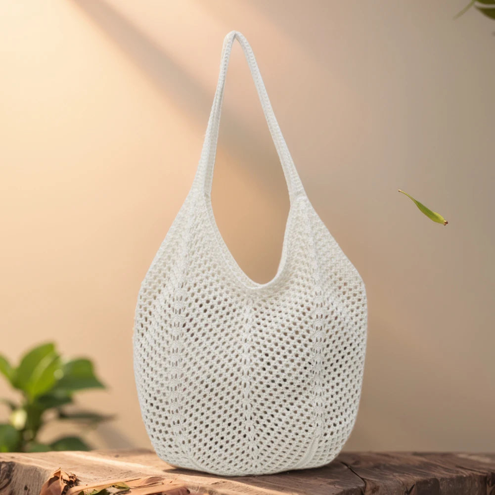 Women Knitting Shoulder Bag Solid Color Hollow Summer Bag Large Capacity Knitted Tote Handbag Female Outdoor Bag Peaceful Pleasures Health and Wellness White Australia