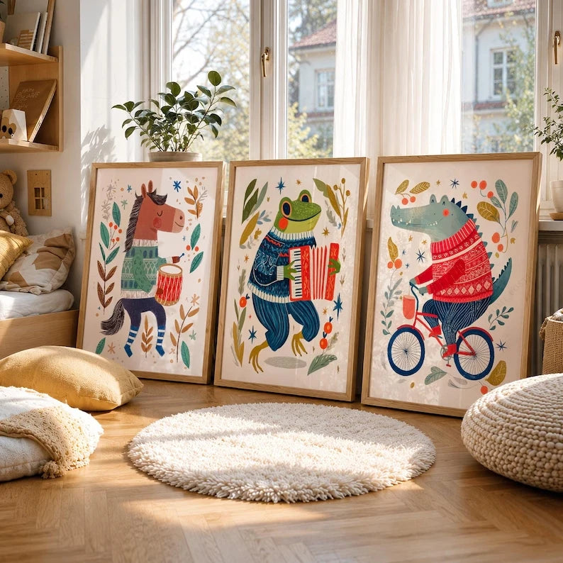 3-Piece Music Theme Frog Horse Crocodile Canvas Wall Art Set