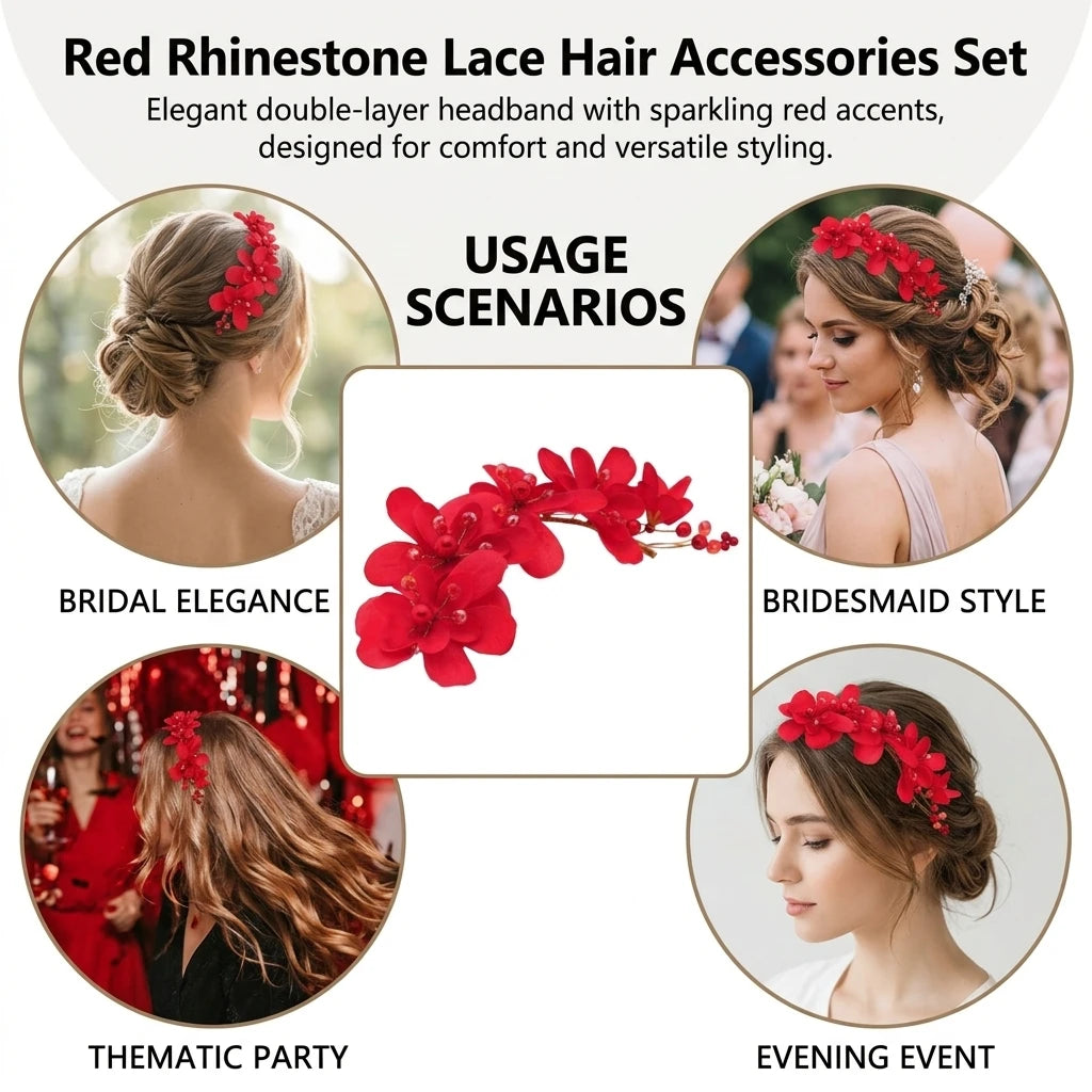 Red Rhinestone Lace Hair Accessories 2pcs Double Layer Design Comfortable Fit for Wedding Party Peaceful Pleasures Health and Wellness