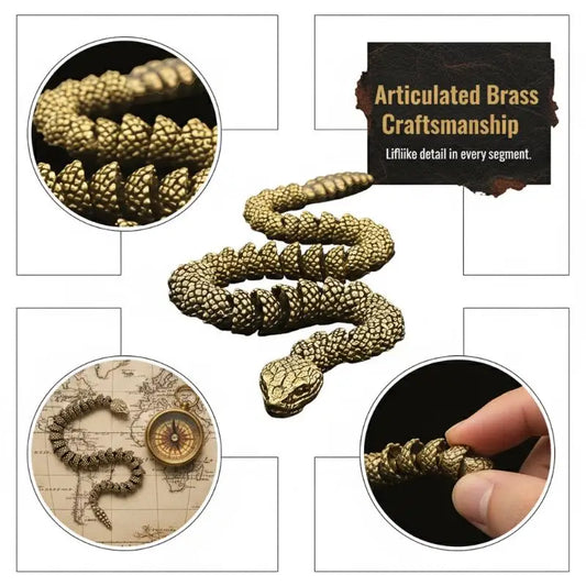 Articulated Brass Rattlesnake Sculpture 34cm | Movable Snake Decor Decorative Sculpture Peaceful Pleasures Health and Wellness