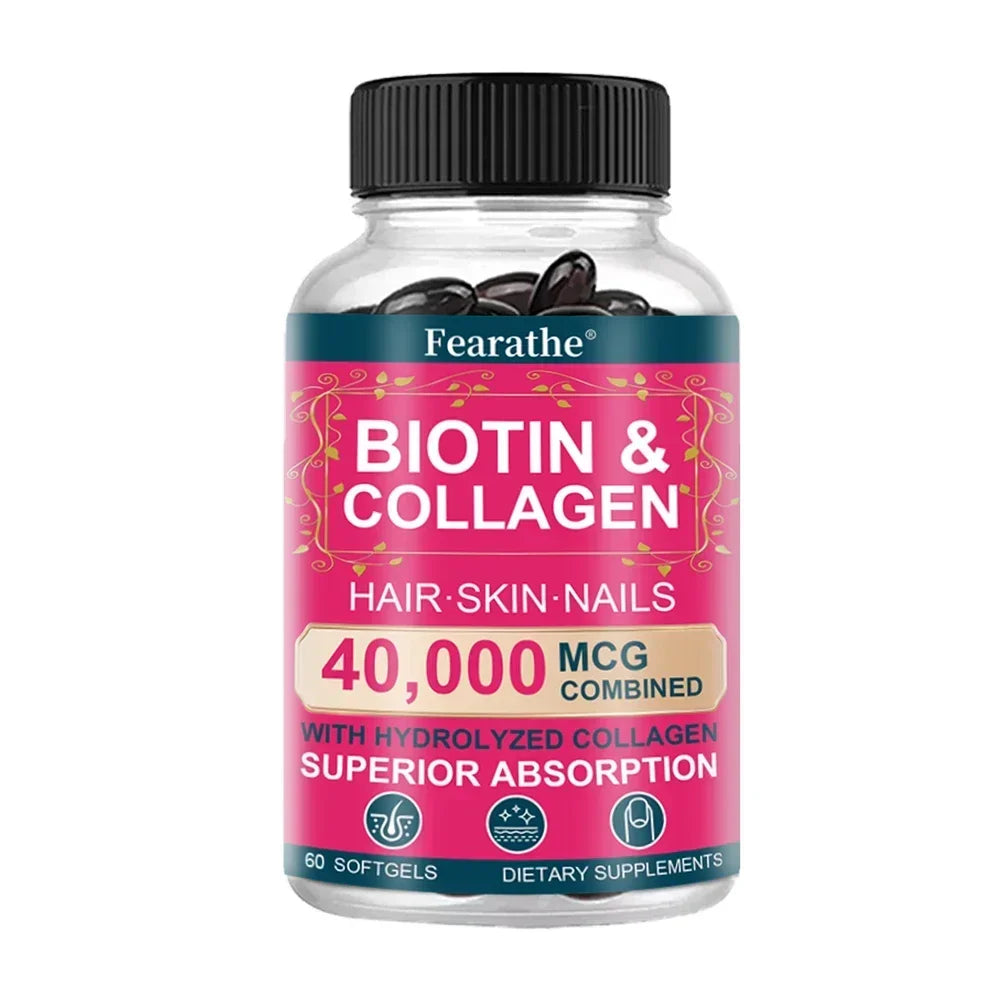 Biotin Collagen Supplement - Hair Growth Support, Skin & Nails - 40000 mcg with Vitamins B Complex, Hyaluronic Acid & Keratin Peaceful Pleasures Health and Wellness 60 count-1 bottle