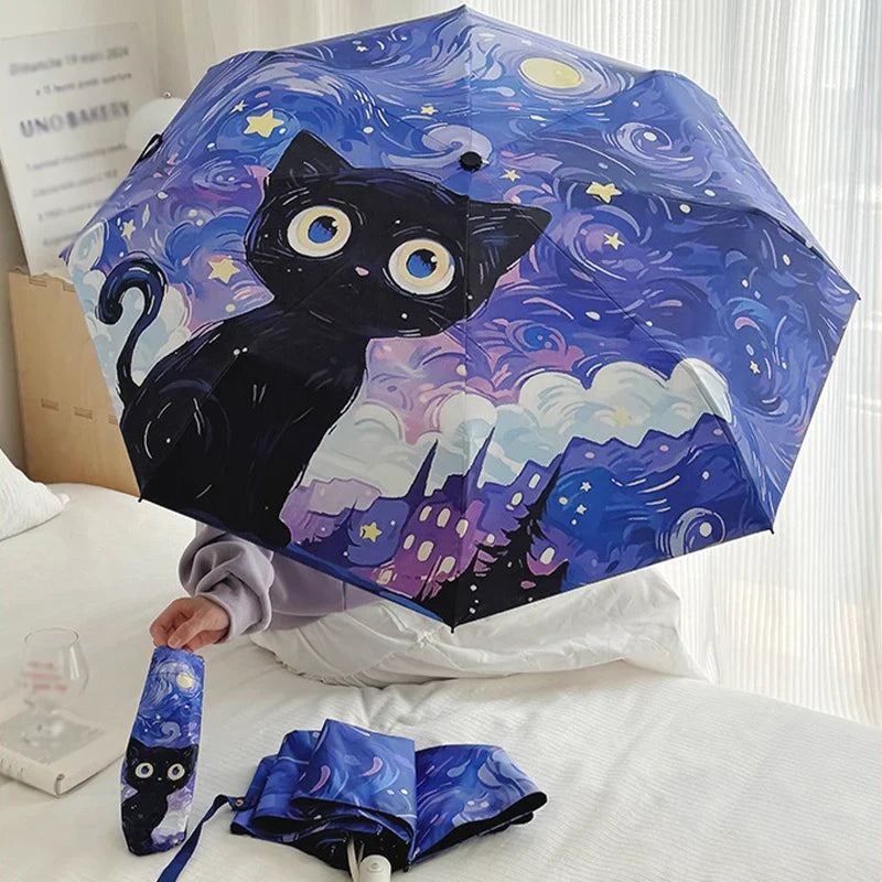 Cartoon Cat Purple Folding UV Umbrella – Auto Open & Close