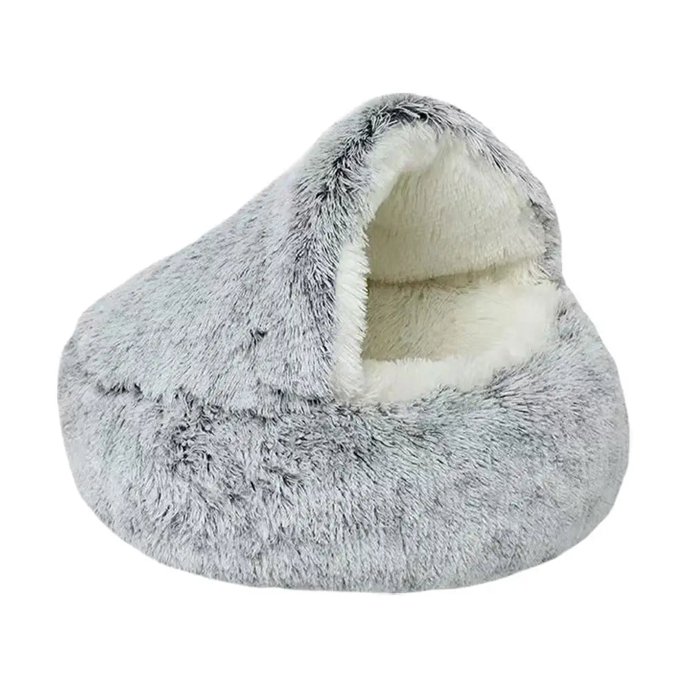 Winter Plush Round Cat Bed | Warm Semi-Enclosed Kitten Nest Cat Bed Peaceful Pleasures Health and Wellness black