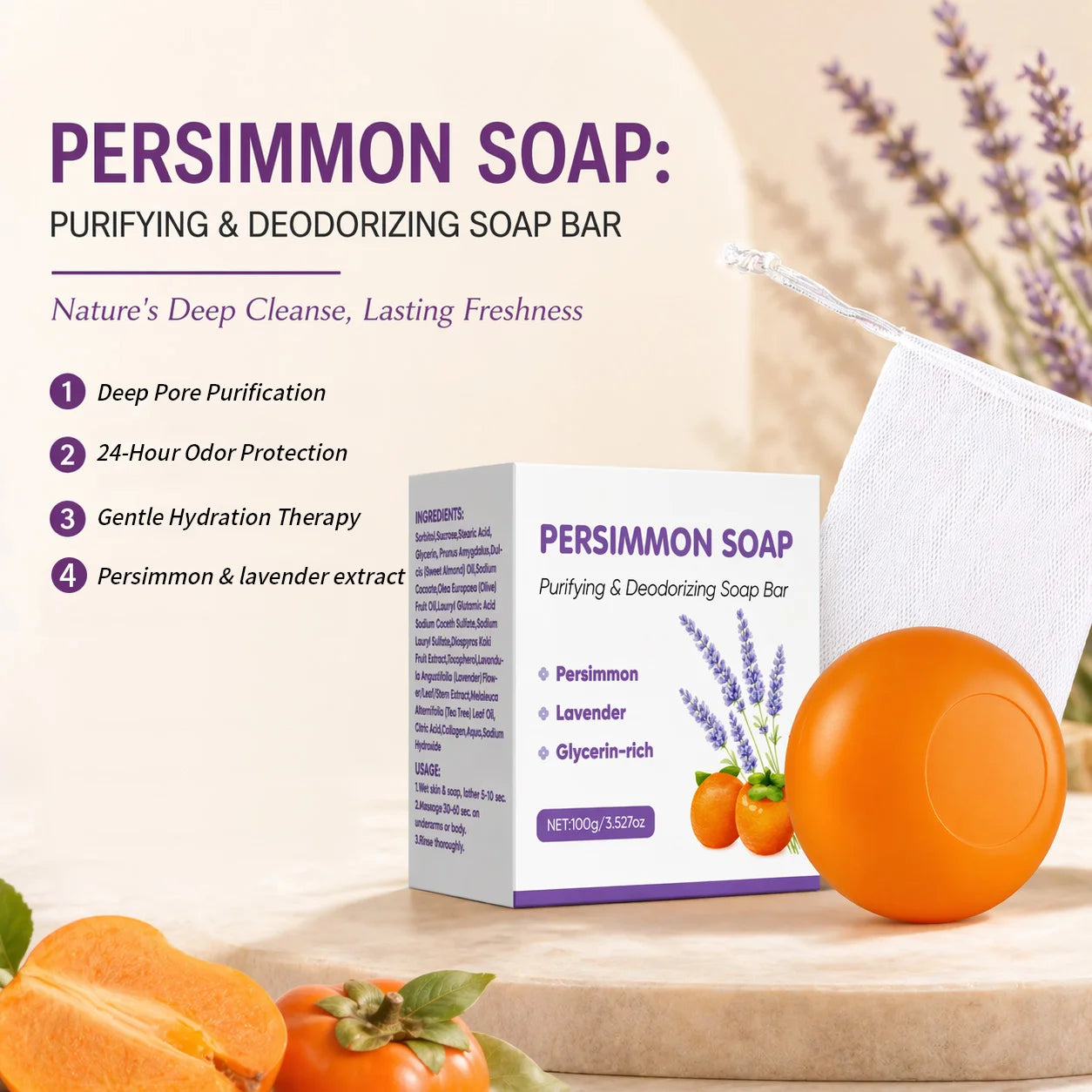Persimmon Soap Bar For Men and Women,Japanese Persimmon & Lavender Extract,Gentle Cleaning,Natural Body Odor Soap,100g Peaceful Pleasures Health and Wellness