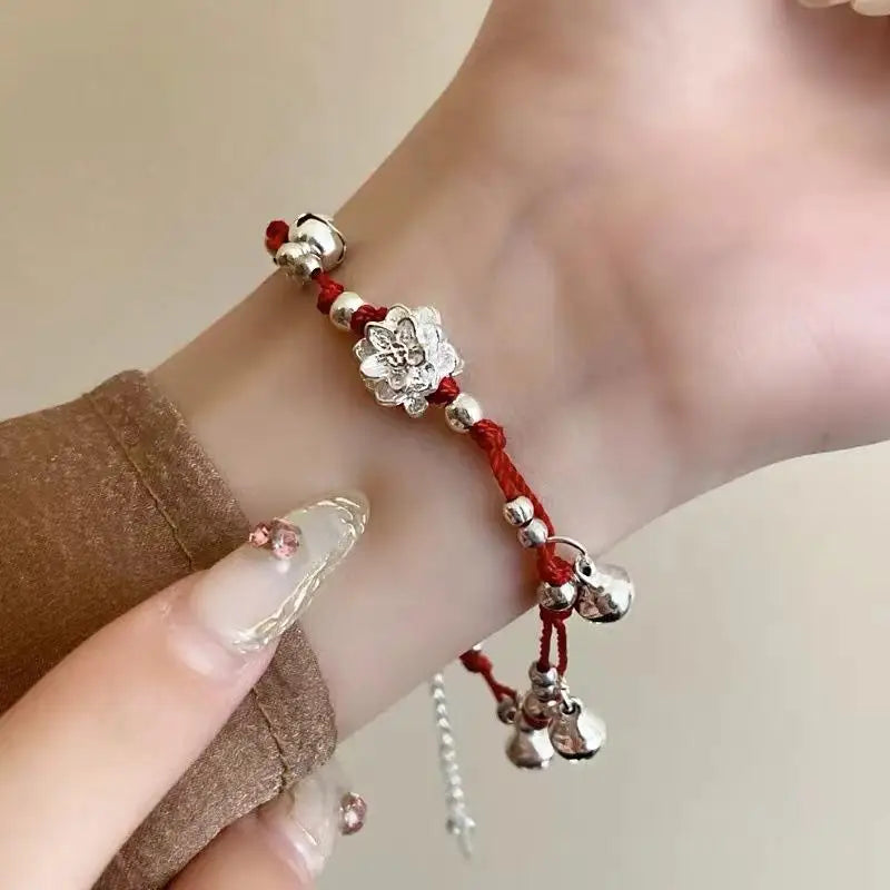 Chinese Red Rope Woven Bracelet | Bell Flower Charm Bangle