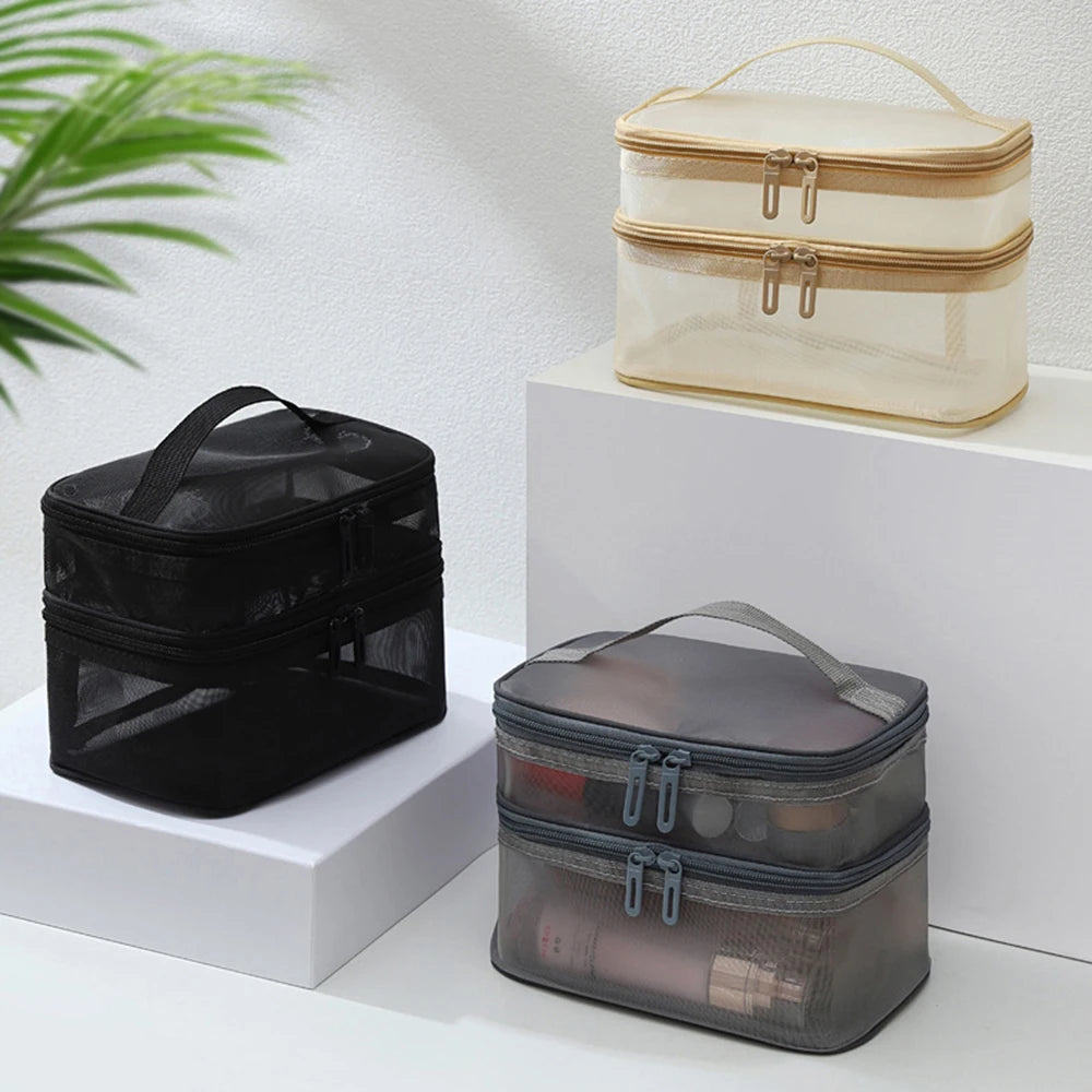 Double Layer Mesh Makeup Bag, Wash Bag, Women's Portable New Large Capacity Storage Bag, Cosmetics Storage Bag Peaceful Pleasures Health and Wellness