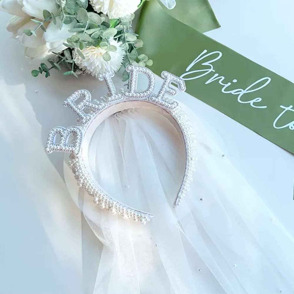 Bride Pearl Headband & Veil Set | Bridal Bachelorette Gift Bridal Hair Accessory Peaceful Pleasures Health and Wellness