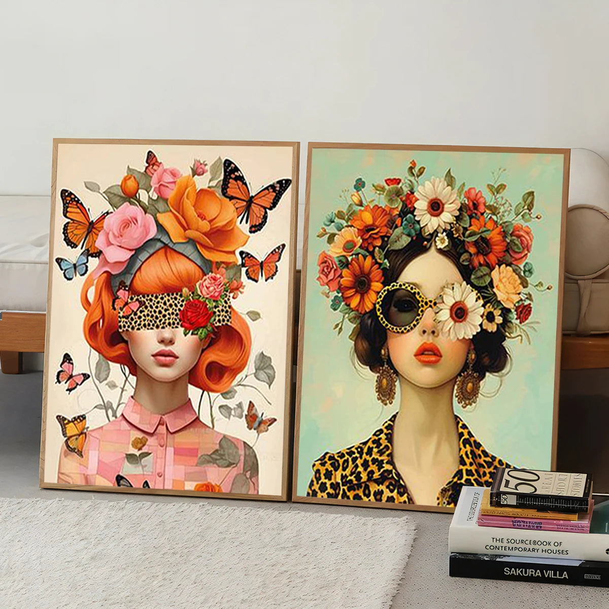 Nordic Scandinavian Style Glasses Woman with Flowers Birds Wall Art Canvas Painting Portrait Poster Prints for Modern Home Decor Peaceful Pleasures Health and Wellness