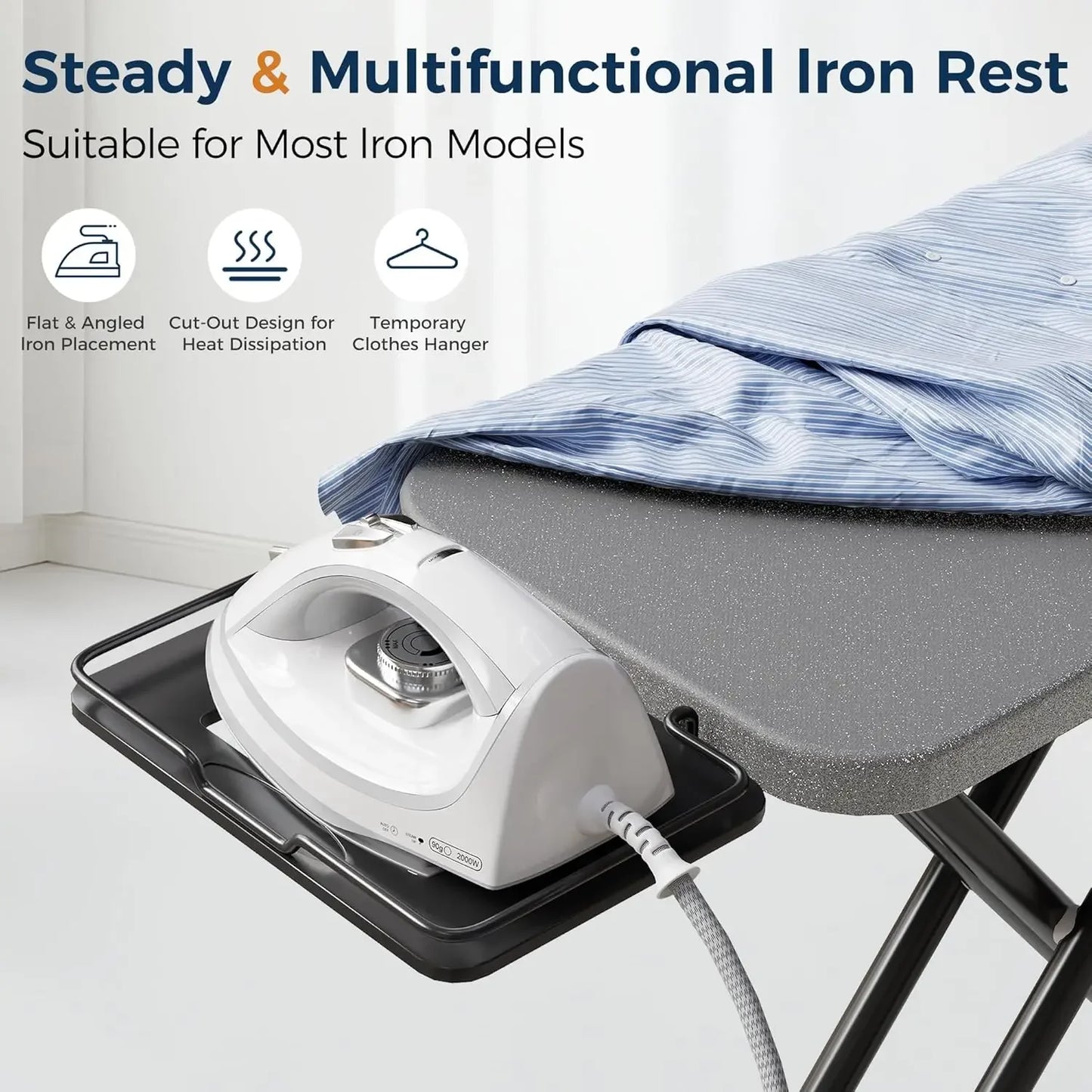 Foldable Ironing Board with Adjustable Height, Heat-Resistant Cover, and Safety Iron Rest for Compact Spaces Peaceful Pleasures Health and Wellness
