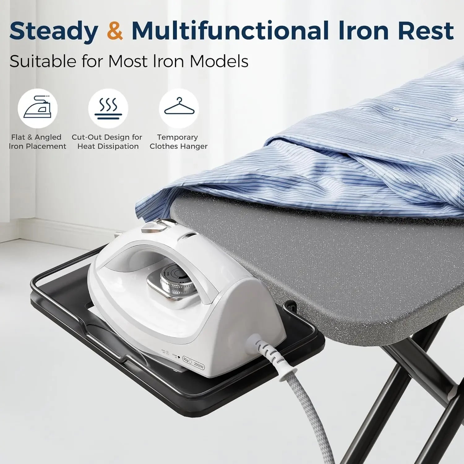 Foldable Ironing Board with Adjustable Height, Heat-Resistant Cover, and Safety Iron Rest for Compact Spaces Peaceful Pleasures Health and Wellness