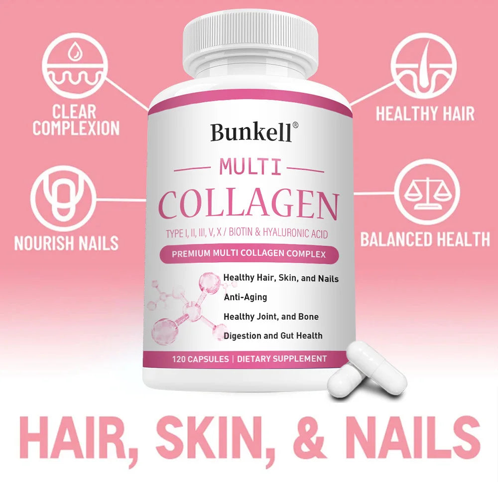 Multi Collagen Supplement - Types I, II, III, V & X with Biotin, Skin, Hair, Nails & Joint Support, Non-GMO, 120 Capsules Peaceful Pleasures Health and Wellness