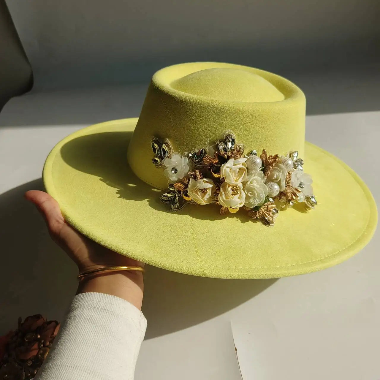 Vegan Suede Fedora Hat | Rhinestone Wide Brim Pork Pie