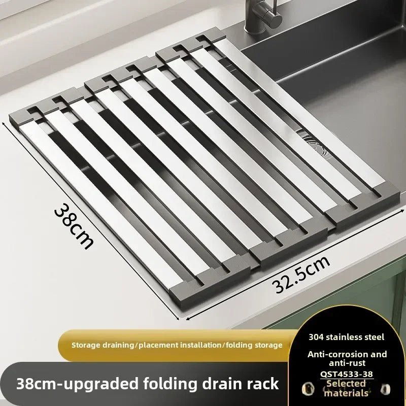 Foldable Over-Sink Drying Rack – 304 Stainless Steel & Silicone Roll-Up Dish, Fruit & Vegetable Drainer