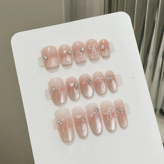 Sweet Pink Cat Eye Press-On Nails with Bow | Korean Style Press-On Nails Peaceful Pleasures Health and Wellness