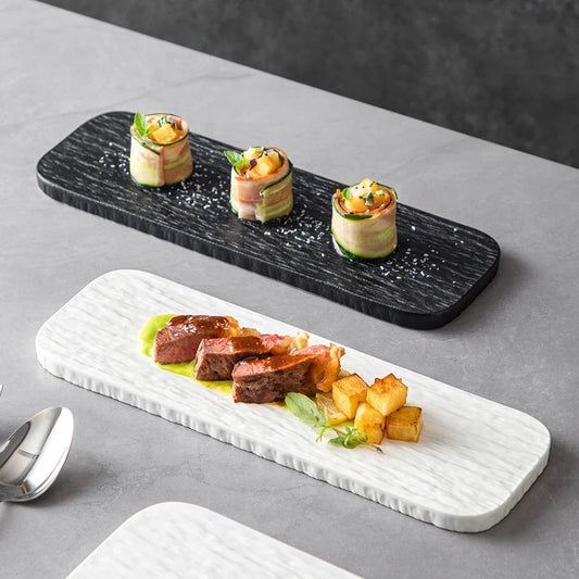 10-inch White and Black Stone Grain Rectangle Flat Tray for Hotel layout Plates Restaurant Ceramic Serving Sushi pastry plate Peaceful Pleasures Health and Wellness
