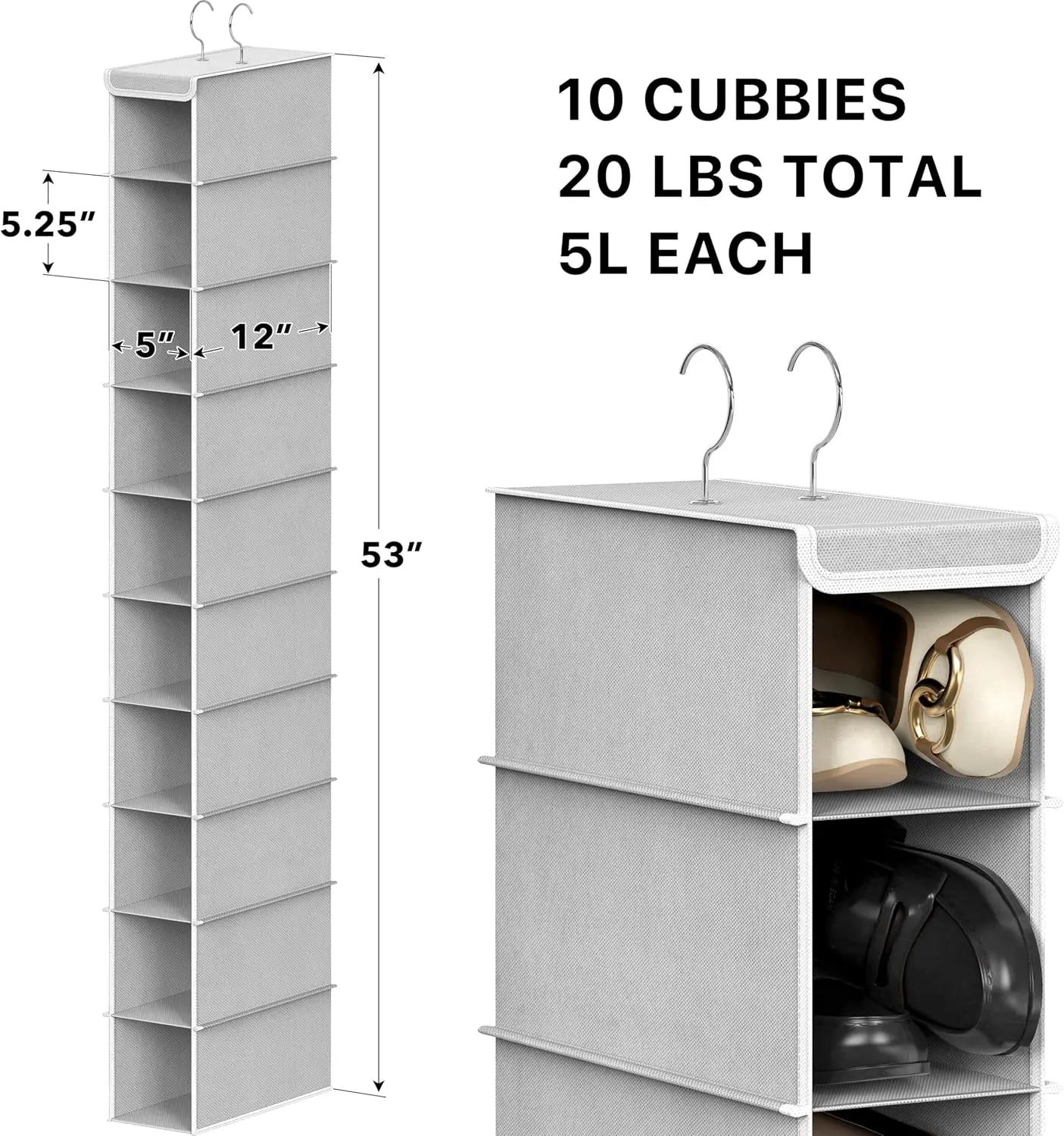 10-Tier Hanging Shoe Organizer for Closet – Grey, Foldable Peaceful Pleasures Health and Wellness