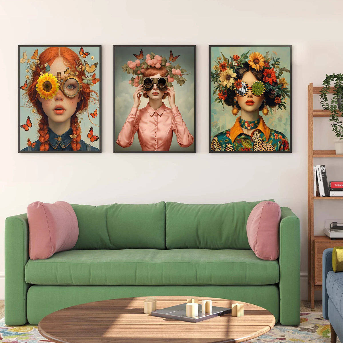 3pcs Nordic Boho Fashion Glasses Woman with Flowers Wall Art Canvas Painting Butterfly Girl Portrait Poster Prints Mural Picture Peaceful Pleasures Health and Wellness ZLH3129-BDE-3PCS 30x40cm Unframed