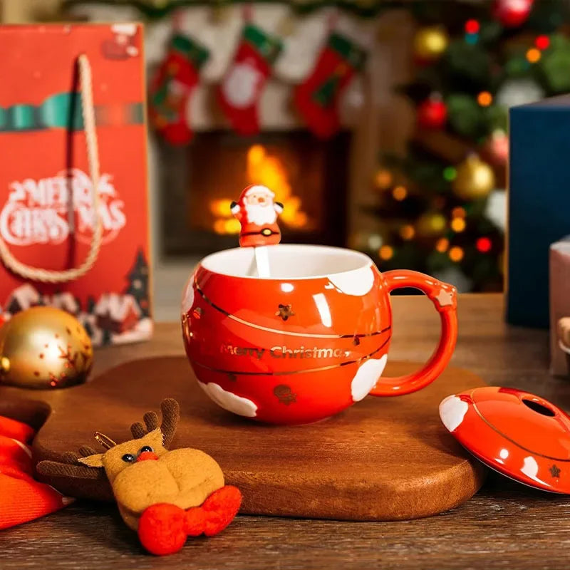 Creative cartoon Santa Claus spherical water cup with lid spoon mug Blue/Red household large-capacity ceramic cup Christmas cups Peaceful Pleasures Health and Wellness