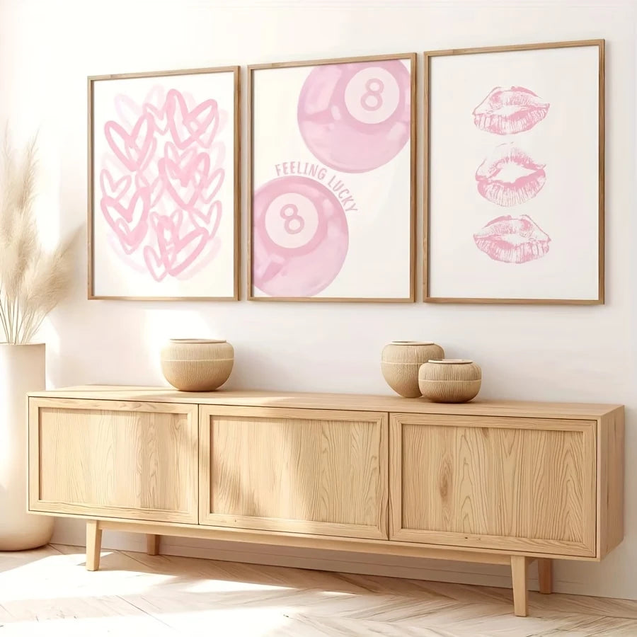 3-Piece Kissing Lips Abstract Pink Canvas Wall Art Print Set