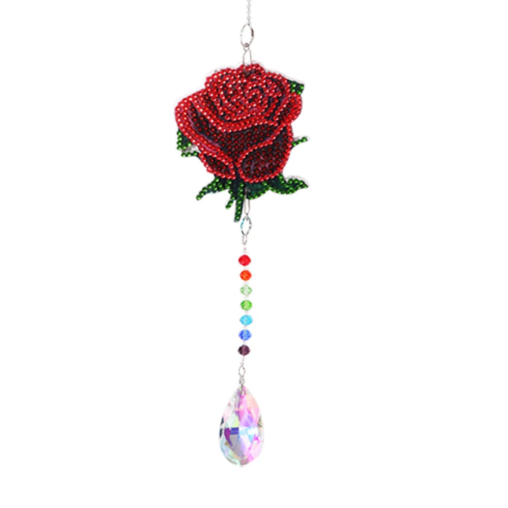 Diamond Mosaic DIY Light Catch Wind Chime Pendant Rhinestone Hanging Wall Ornament Rhinestone Picture Home Decoration Gifts Peaceful Pleasures Health and Wellness Red Rose