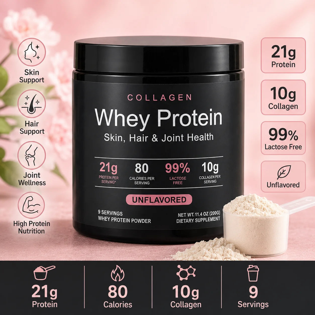 Collagen Whey Protein Powder | 21g Protein, 10g Collagen, Unflavored