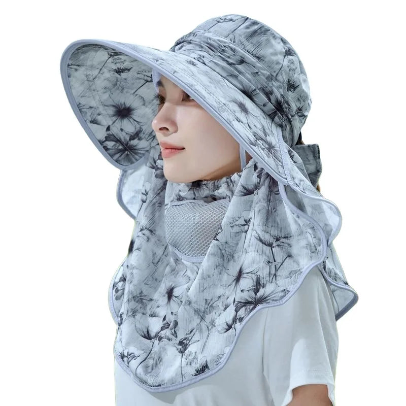 Sun Protections Hat with Face-Mask UV Resistant Wide Brim for Outdoor Cycling Farming Peaceful Pleasures Health and Wellness Gray