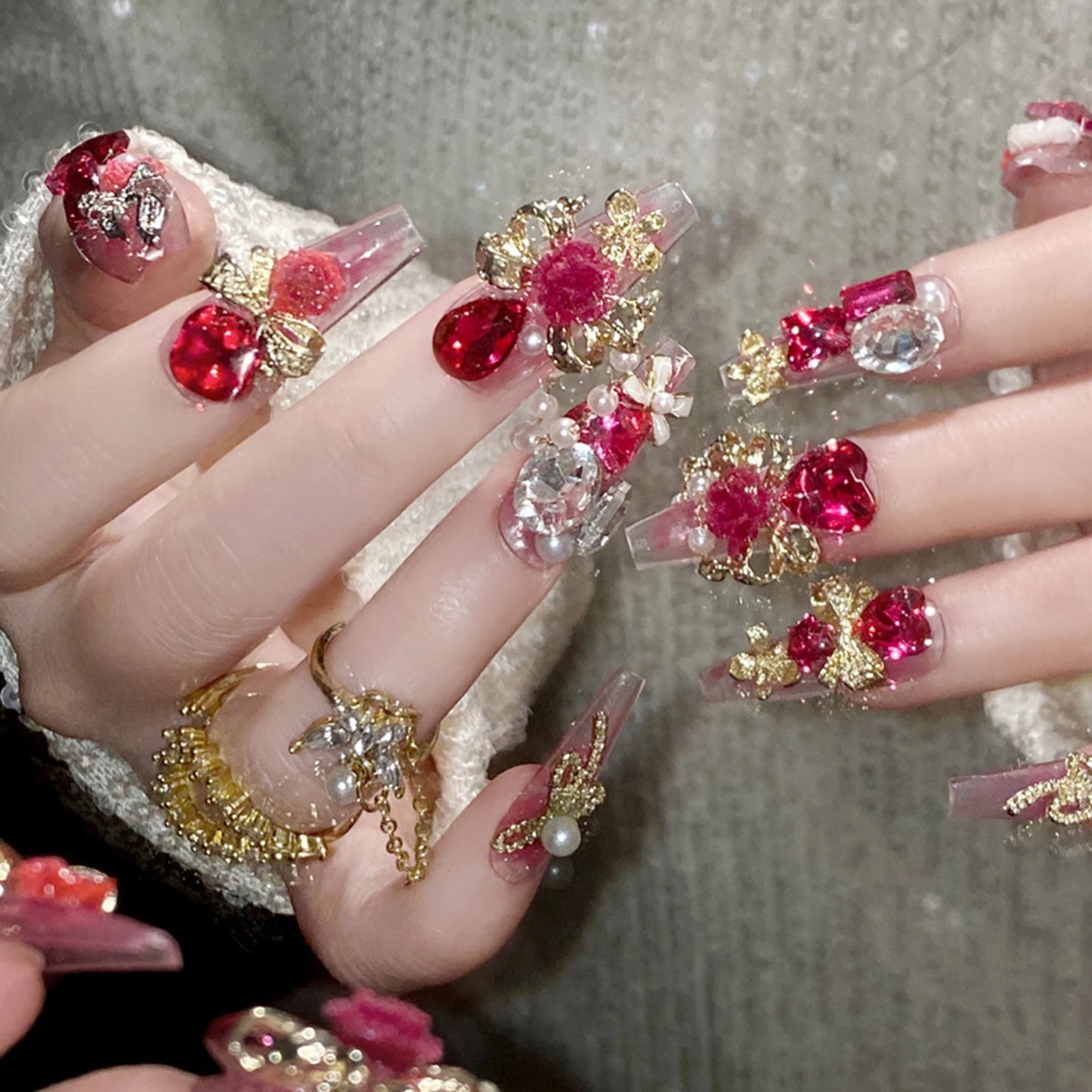 24pcs New Year Heavy Metal Press on Nails Chinese Bride Wedding Fake Nails Full Cover Wearable Shiny Large Crystal False Nails Peaceful Pleasures Health and Wellness style 1
