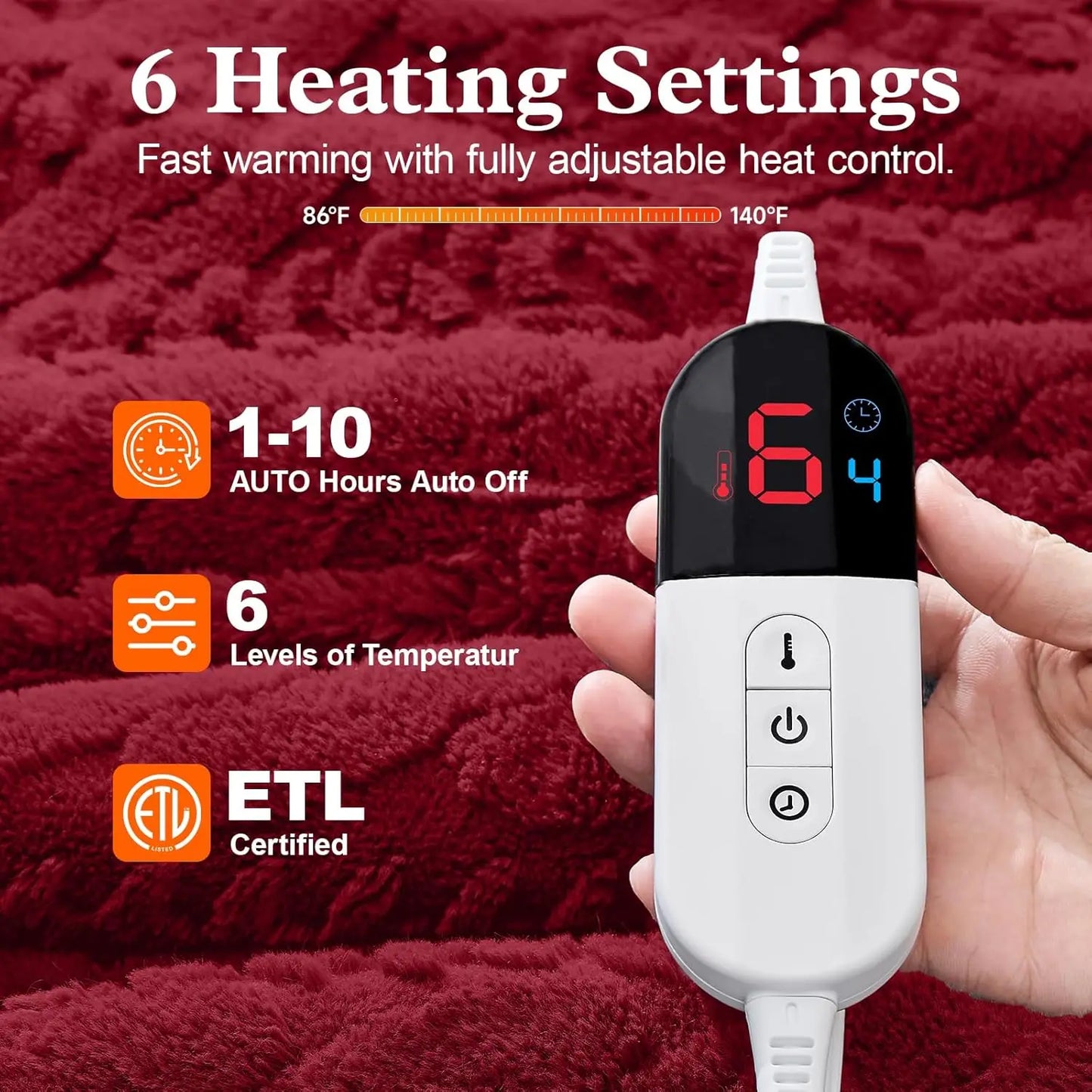 Twin Electric Heated Blanket 62x84" – 6 Heat Levels, Auto Shut-Off Heated Blanket Peaceful Pleasures Health and Wellness