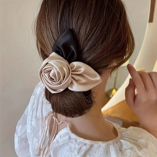 Satin Bow Hair Clip with Rose Design – Black & Beige Ponytail Holder Peaceful Pleasures Health and Wellness