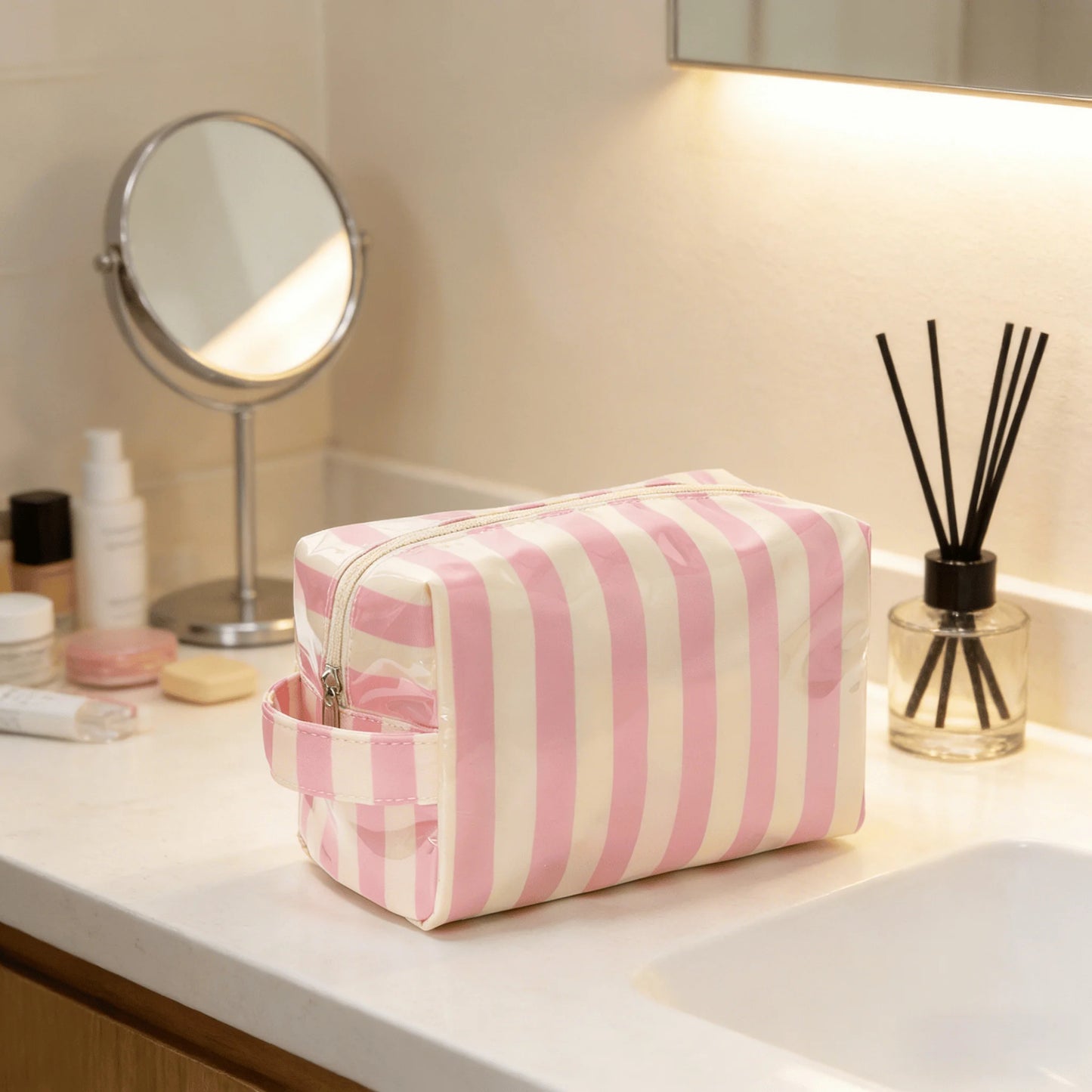 Striped Toiletry Bag – Women's Travel Cosmetic Makeup Organizer