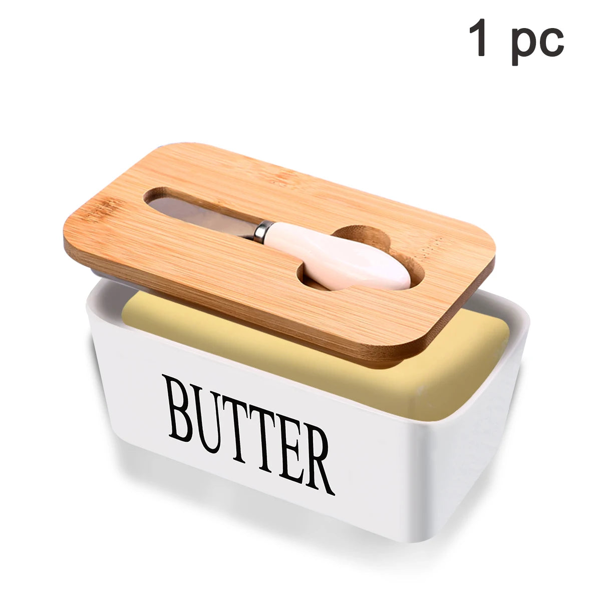 1 Set Of Ceramic Butter Dish With Bamboo Lid And Built-In Knife Butter Keeper With Double Silicone Sealing Ring Kitchen Peaceful Pleasures Health and Wellness White United States