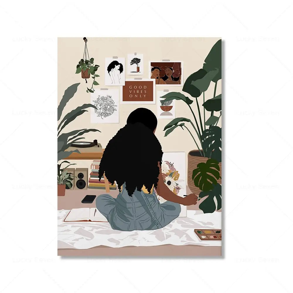 African Woman Reading Canvas Wall Art | Black Girl Poster