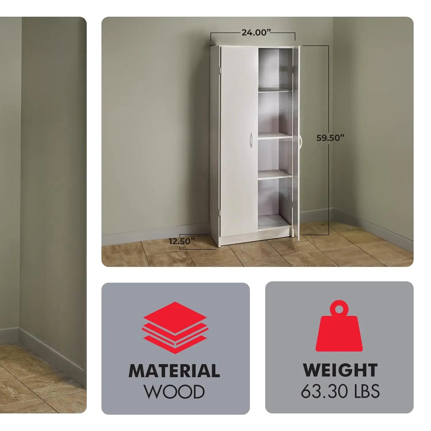 Storage cabinet with dimensions and material/weight information displayed.