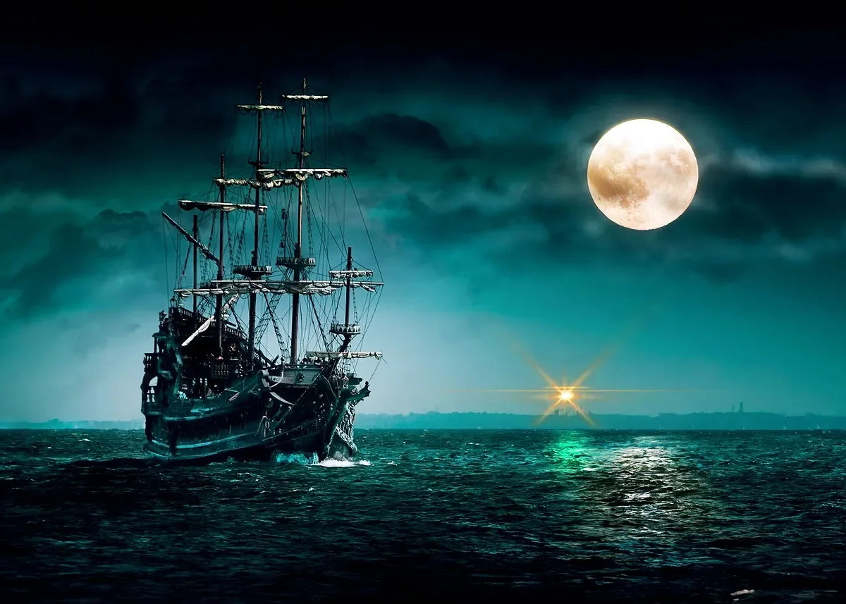 Pirate Ship Sailboat Sailing Ocean Moon Canvas Painting Poster Wall Picture Print for Living Room Home Decor Peaceful Pleasures Health and Wellness P4 20x30cm Unframed