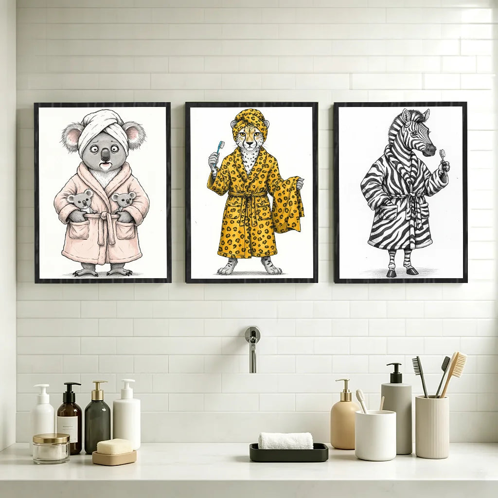 Animal Bathroom Wall Art, Nordic Funny Canvas Painting, Cute Bath Robe Animals Poster Print for Restroom Room Wall Decor Peaceful Pleasures Health and Wellness