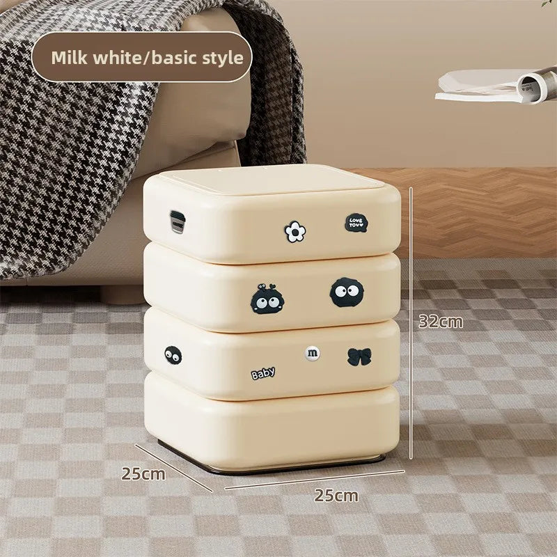 Cartoon Trash Bin with Lid Large Capacity Multi-Functional Mobile Wastebasket Modern Household Storage Organizer Wheels Peaceful Pleasures Health and Wellness White with Stickers
