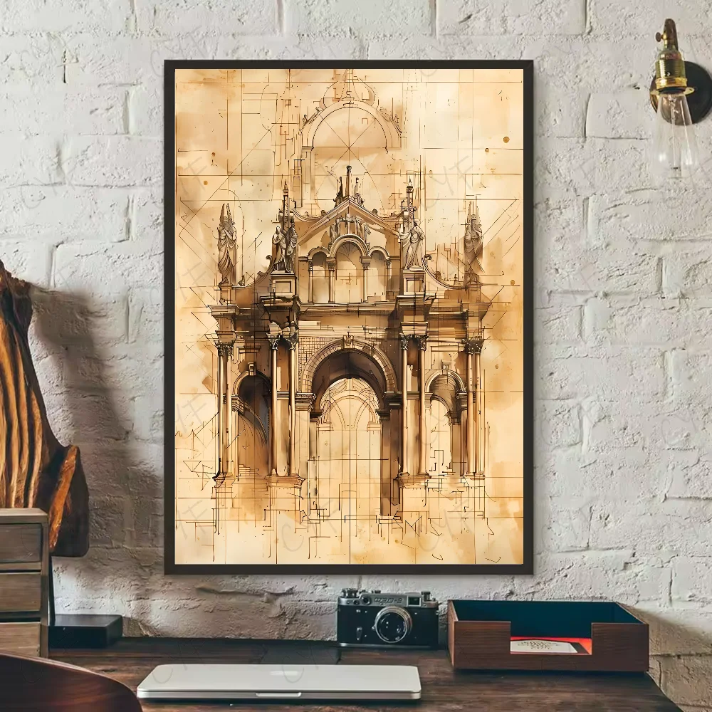 Vintage Architecture Drawings Wall Poster | Waterproof PVC Art Wall Art Poster Peaceful Pleasures Health and Wellness z1 30X40cmNoframe