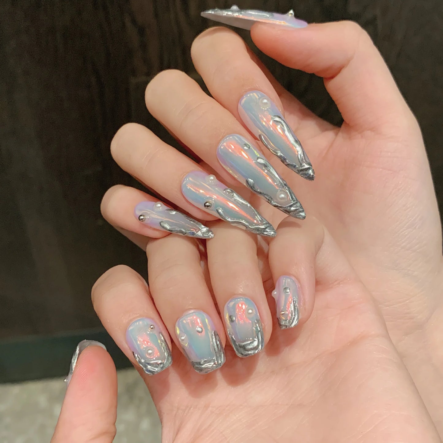 10pcs Handmade Press on Nails Summer Aurora Purple Fake Nail Tips Women Wearable Full Cover Spice Girl Long Almond False Nails Peaceful Pleasures Health and Wellness