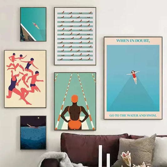 Retro Abstract Summer Swimming Pool Diver Beach Surfing Poster and Printed Canvas Painting Wall Art Pictures Home Bedroom Decor Peaceful Pleasures Health and Wellness