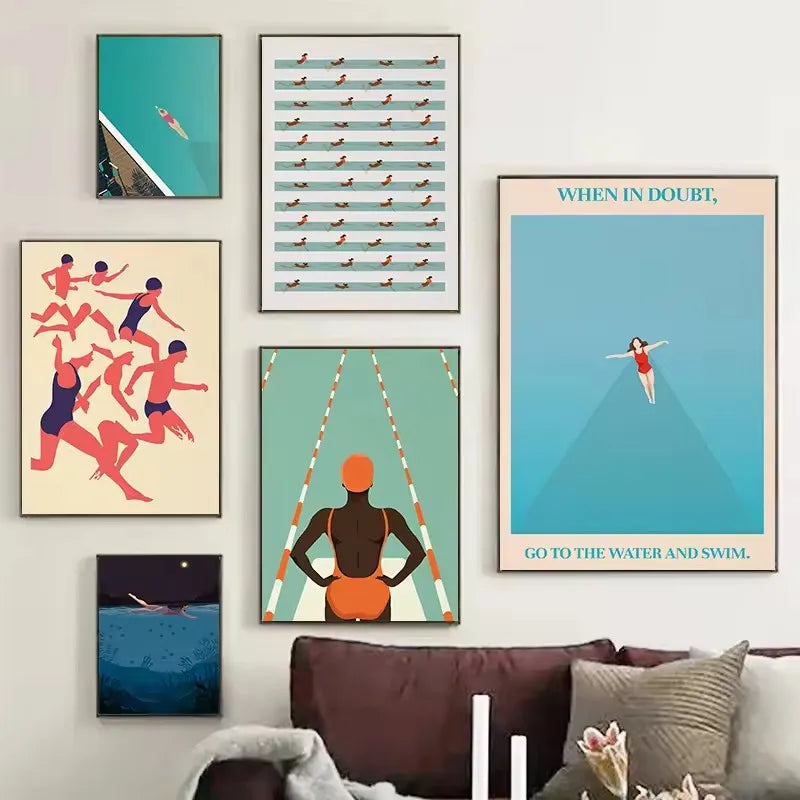 Retro Abstract Summer Swimming Pool Diver Beach Surfing Poster and Printed Canvas Painting Wall Art Pictures Home Bedroom Decor Peaceful Pleasures Health and Wellness