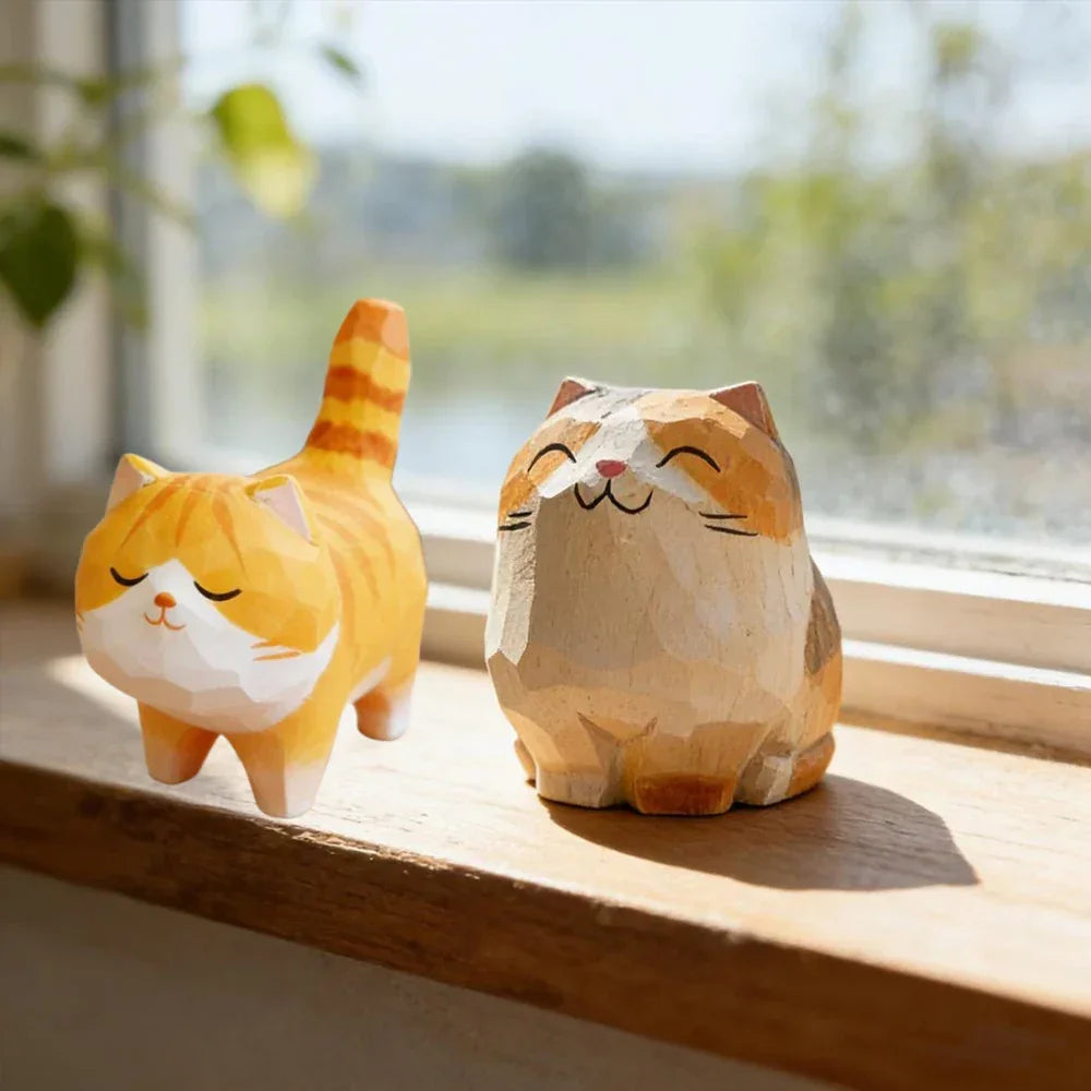 Handmade Wooden Carved Cat Figurine Multi Style Cute Kitten Sculpture Calico Orange Cat Desktop Decor Home Indoor Art Craft Peaceful Pleasures Health and Wellness
