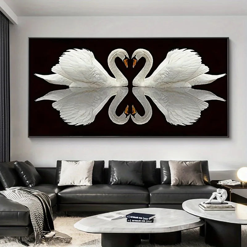 Modern Classic Art Deco Swan Wall Art Unframed Canvas Print with Black Background White Swans, High-Quality Indoor/Outdoor Decor Peaceful Pleasures Health and Wellness