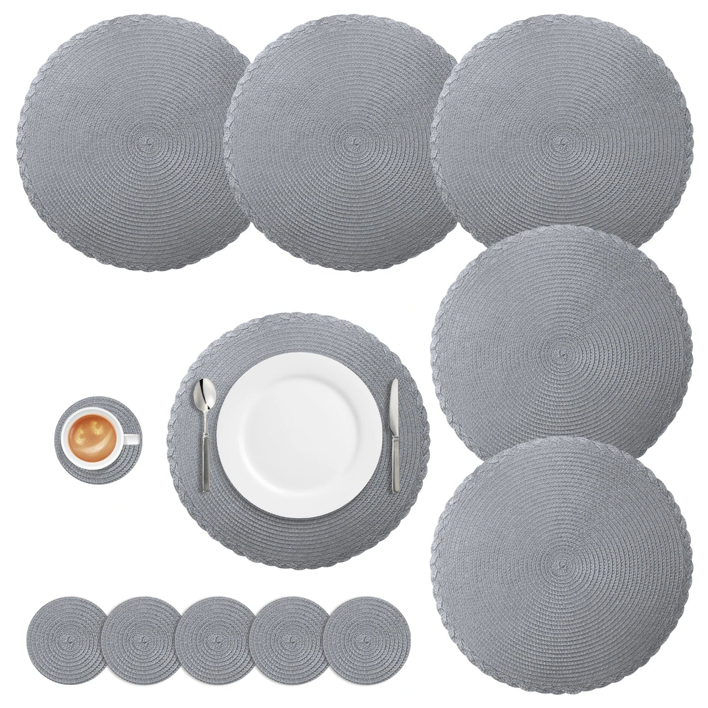 Set of 6 Round Braided Table Mat Washable Placemats Non Slip Heat Resistant for Kitchen Dining Tables Pad With 6Pc Cup Coasters Peaceful Pleasures Health and Wellness PP 33.5cm Gray 12 Mats 12 Coaster