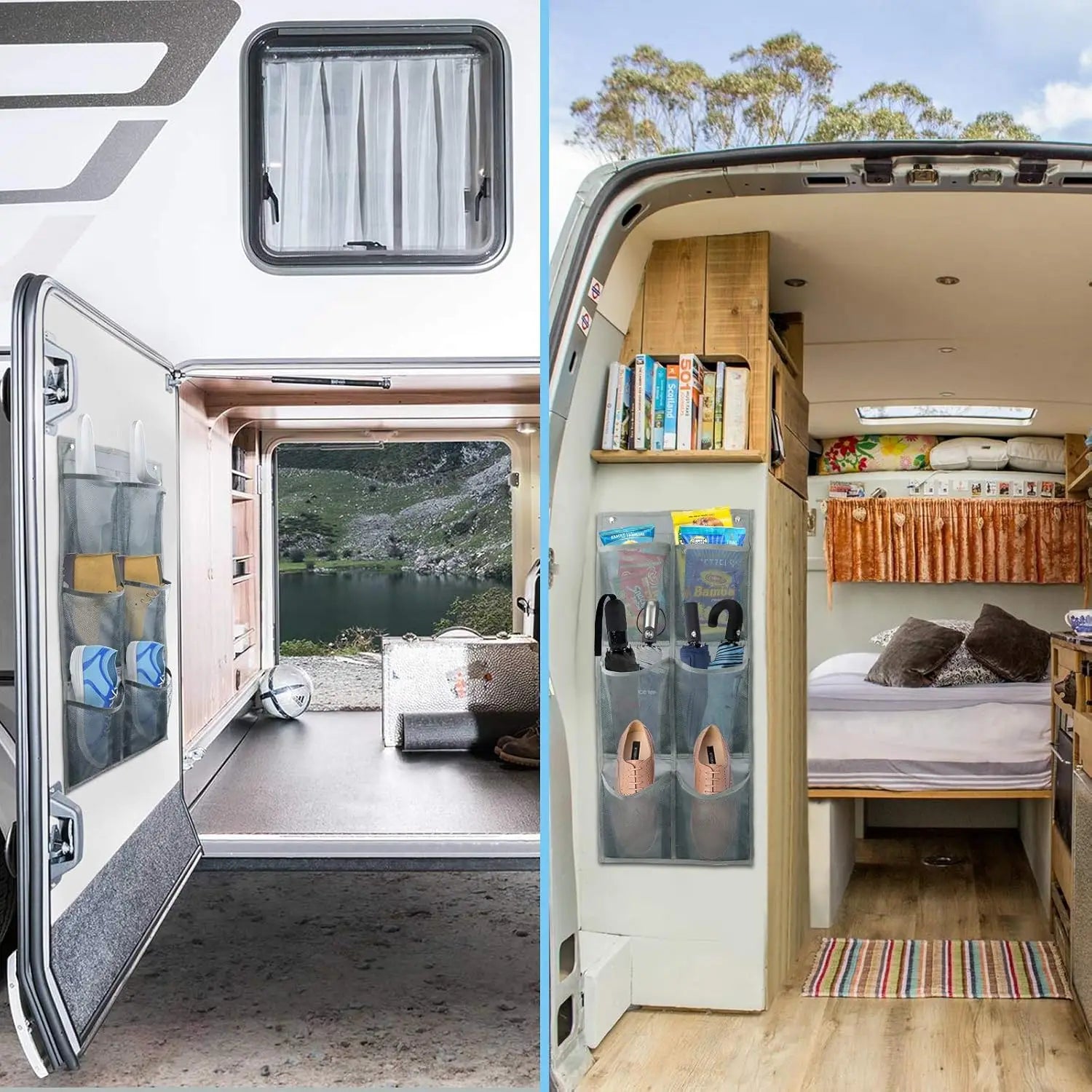 Two views of a compact living space inside a vehicle, including a bed, storage, and kitchen area.