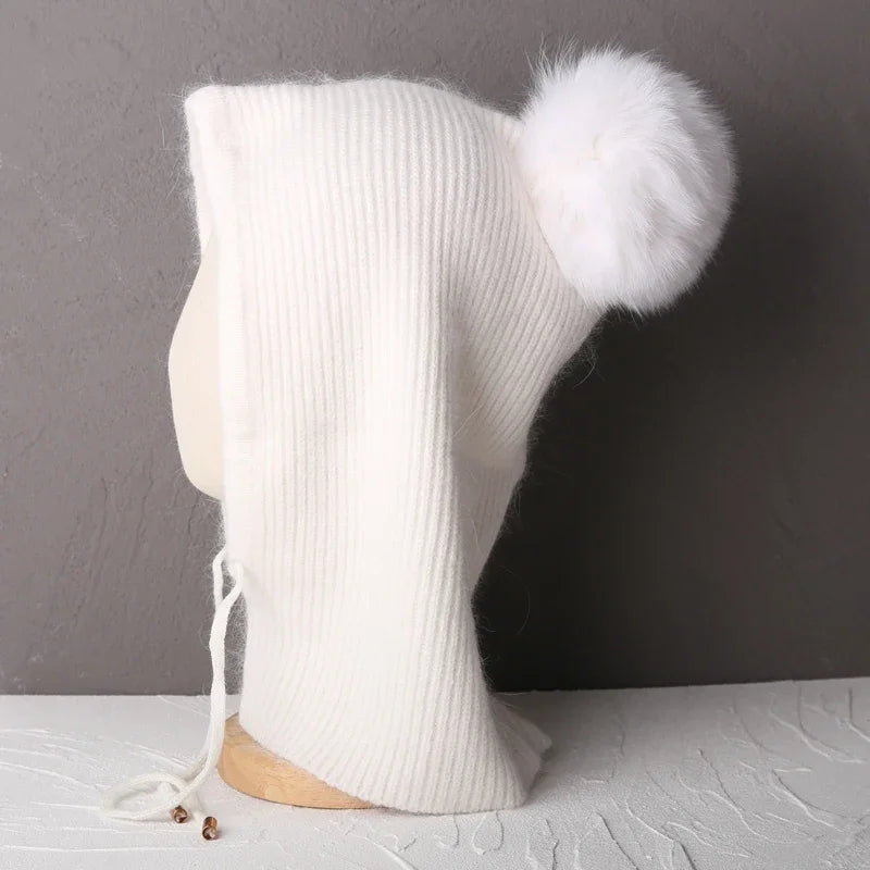 Women's Rabbit Fur Knitted Beanie Hood Hat | Winter Balaclava