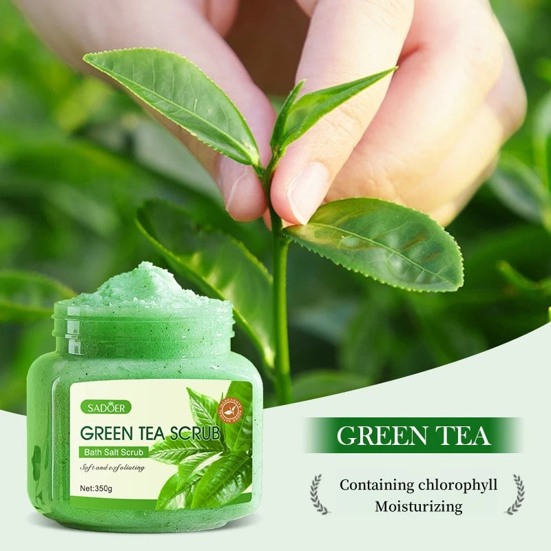 350g Green Tea Body Scrub, Rich in Skin-Beneficial Ingredients Such as Tea Polyphenols, Fine Particles for Exfoliation, Does Not Harm the Skin, Hydrates and Brightens the Complexion, Can Be Used on Multiple Areas of the Body, Peaceful Pleasures Health and Wellness