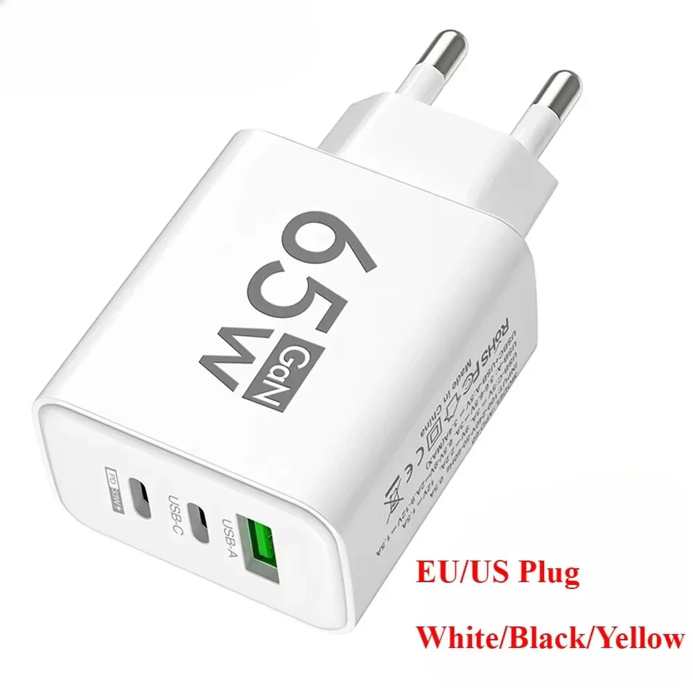 65W GaN USB-C Wall Charger QC3.0 Fast Charge iPhone & Android