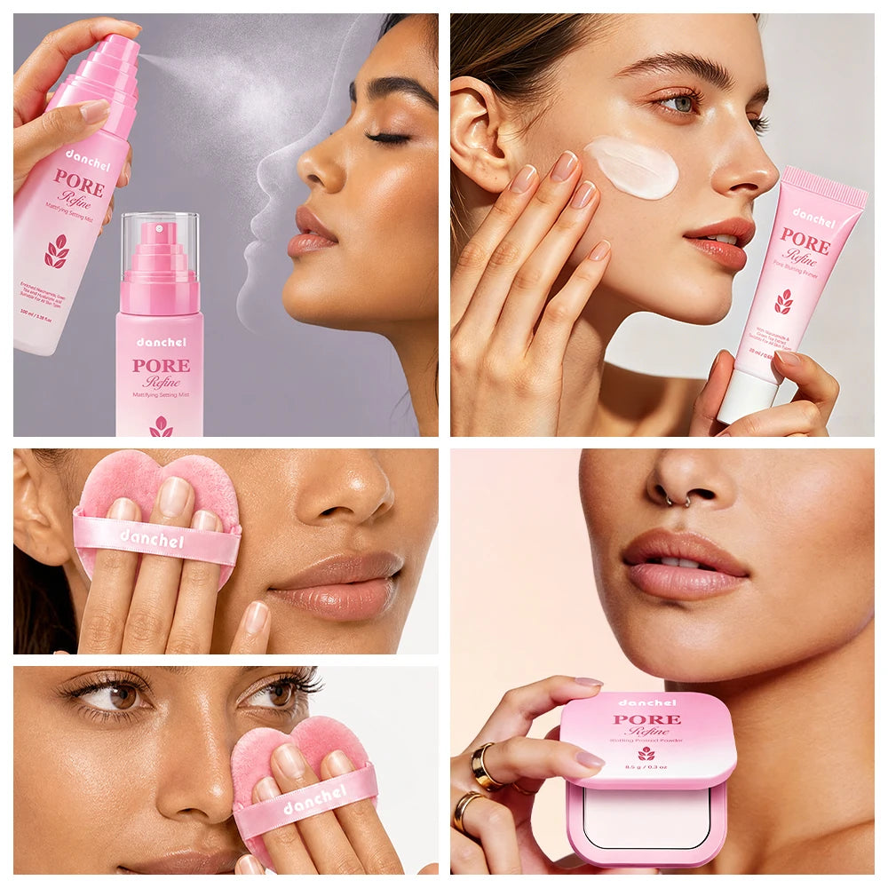 4Pcs Beauty Makeup Set Pore Blur Oil Control Matte Primer Mattifying Setting Mist Blotting Pressed Powder Puff Makeup Kit Peaceful Pleasures Health and Wellness